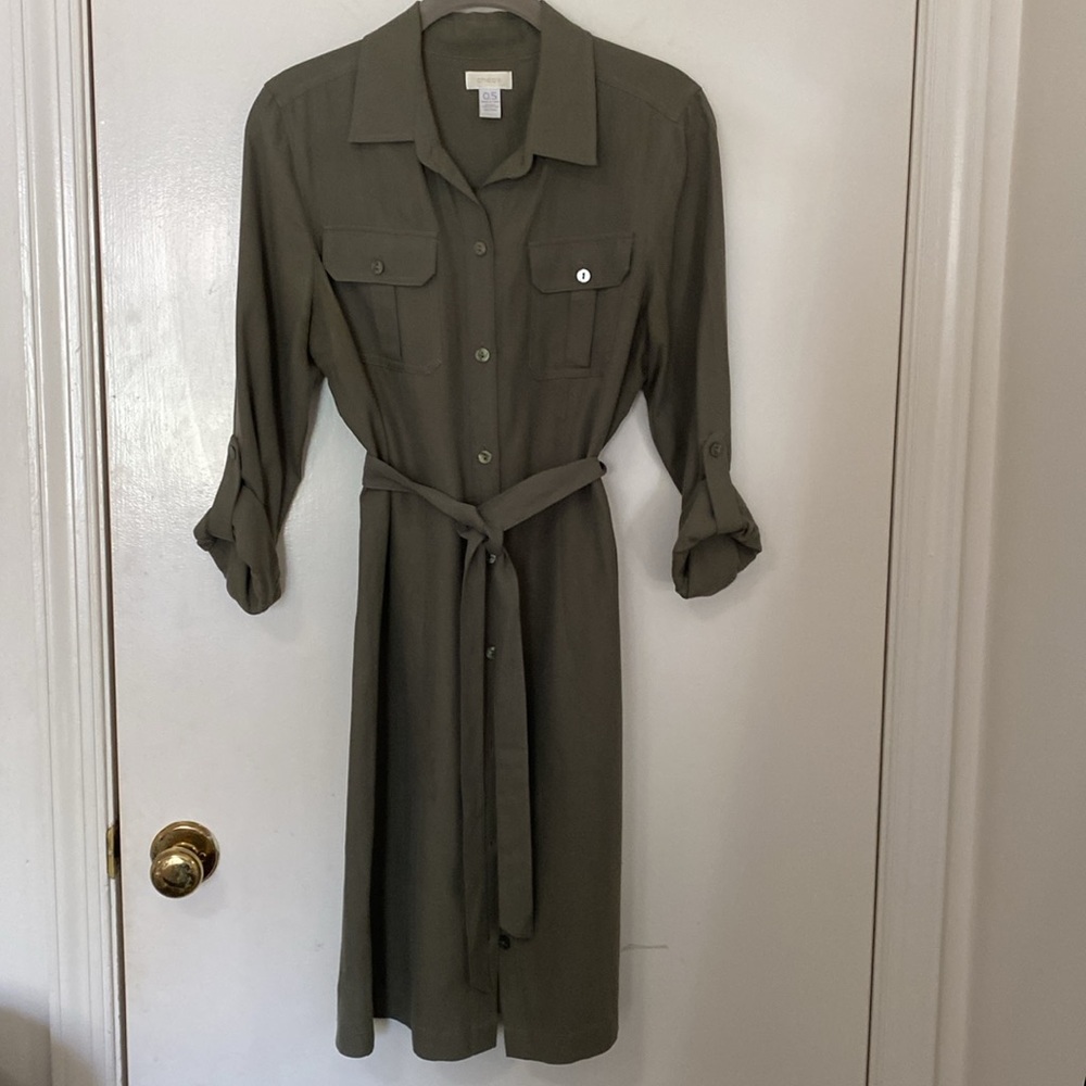 Chicos Olive Green Silk Blend Shirt Dress Roll Tab Sleeves Size 0.5